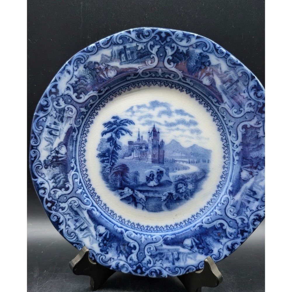Staffordshire England Flow Blue Plate Castle Landscape Antique Transferware 9"